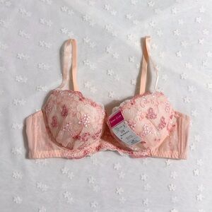 US-34B, C/JP-C75  Japanese Brand Floral Embroidered Satin Bow Bra NWT